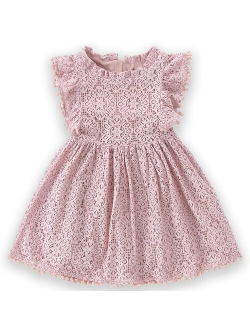 🆕Toddler Girls Pink Cotton Lace Floral Pompoms Elegant Retro Swing Party Dress